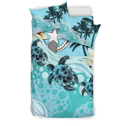 Polynesian Duvet Cover Set - Northern Mariana Islands Bedding Set Blue Turtle Hibiscus