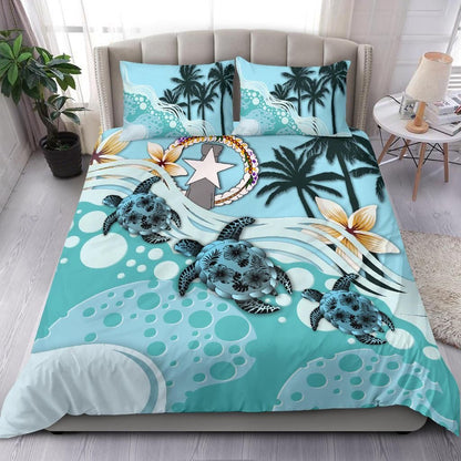 Polynesian Duvet Cover Set - Northern Mariana Islands Bedding Set Blue Turtle Hibiscus