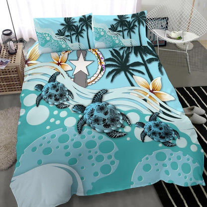 Polynesian Duvet Cover Set - Northern Mariana Islands Bedding Set Blue Turtle Hibiscus