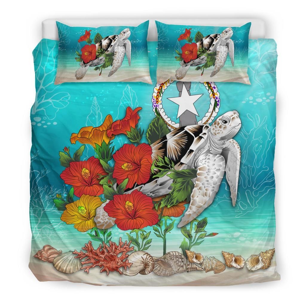 Polynesian Duvet Cover Set - Northern Mariana Islands Bedding Set Ocean Turtle Hibiscus
