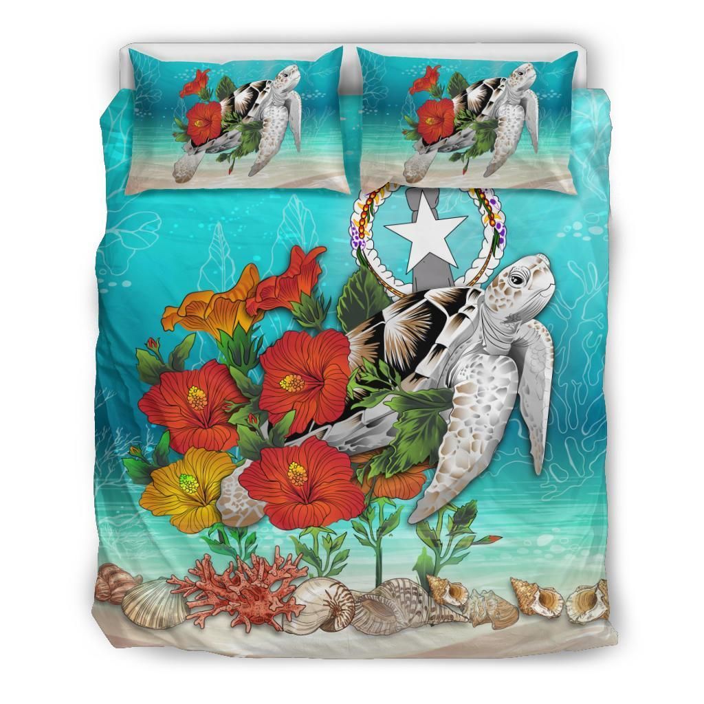 Polynesian Duvet Cover Set - Northern Mariana Islands Bedding Set Ocean Turtle Hibiscus