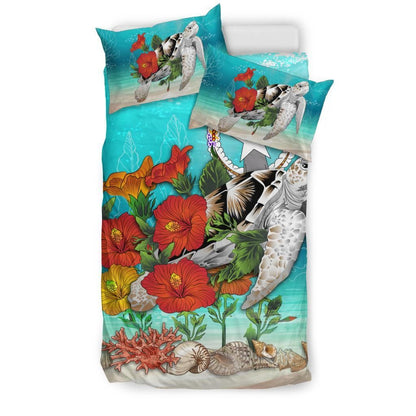 Polynesian Duvet Cover Set - Northern Mariana Islands Bedding Set Ocean Turtle Hibiscus