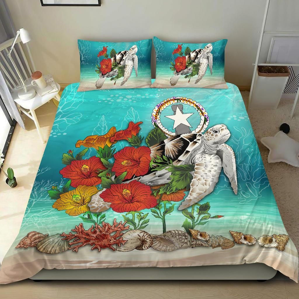 Polynesian Duvet Cover Set - Northern Mariana Islands Bedding Set Ocean Turtle Hibiscus