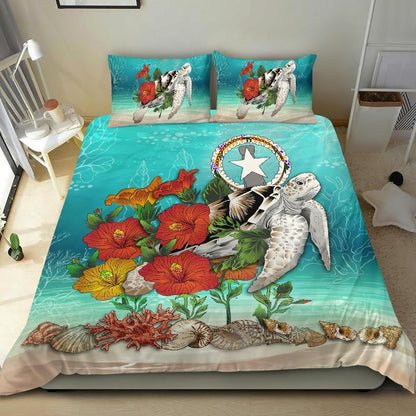Polynesian Duvet Cover Set - Northern Mariana Islands Bedding Set Ocean Turtle Hibiscus