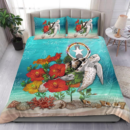 Polynesian Duvet Cover Set - Northern Mariana Islands Bedding Set Ocean Turtle Hibiscus