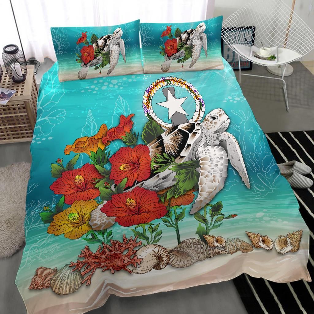 Polynesian Duvet Cover Set - Northern Mariana Islands Bedding Set Ocean Turtle Hibiscus