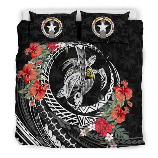 Polynesian Duvet Cover Set - Northern Mariana Islands Bedding Set Polynesia Map Turtle Hibiscus