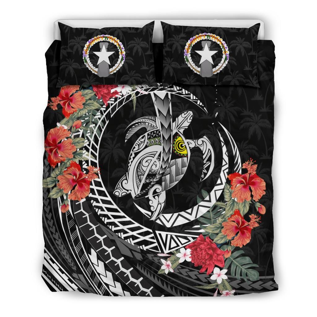 Polynesian Duvet Cover Set - Northern Mariana Islands Bedding Set Polynesia Map Turtle Hibiscus