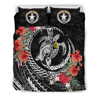 Polynesian Duvet Cover Set - Northern Mariana Islands Bedding Set Polynesia Map Turtle Hibiscus