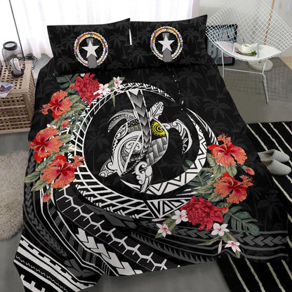Polynesian Duvet Cover Set - Northern Mariana Islands Bedding Set Polynesia Map Turtle Hibiscus