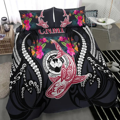 Northern Mariana Islands Bedding Set - Polynesian Shark Hibiscus Flower
