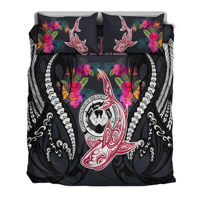 Northern Mariana Islands Bedding Set - Polynesian Shark Hibiscus Flower
