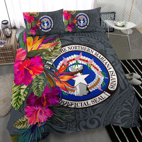 Northern Mariana Islands Bedding Set - Saipan Hibiscus Polynesian Pattern Gray Version