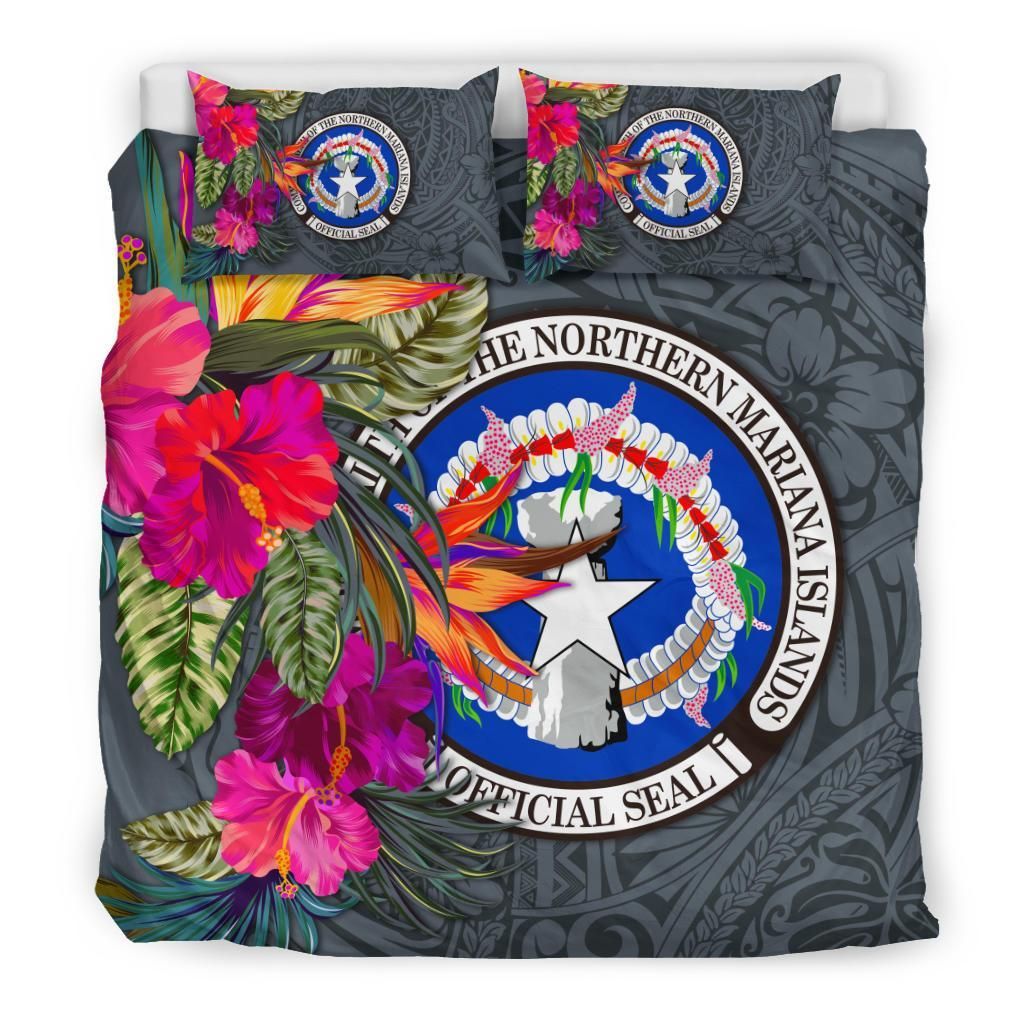 Northern Mariana Islands Bedding Set - Saipan Hibiscus Polynesian Pattern Gray Version