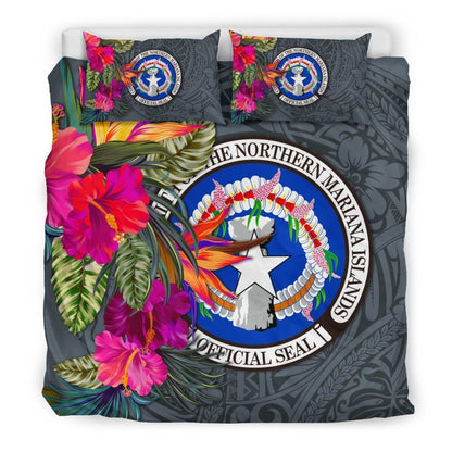 Northern Mariana Islands Bedding Set - Saipan Hibiscus Polynesian Pattern Gray Version