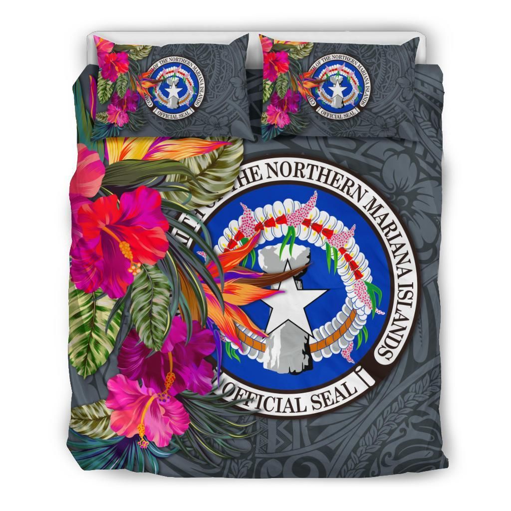 Northern Mariana Islands Bedding Set - Saipan Hibiscus Polynesian Pattern Gray Version