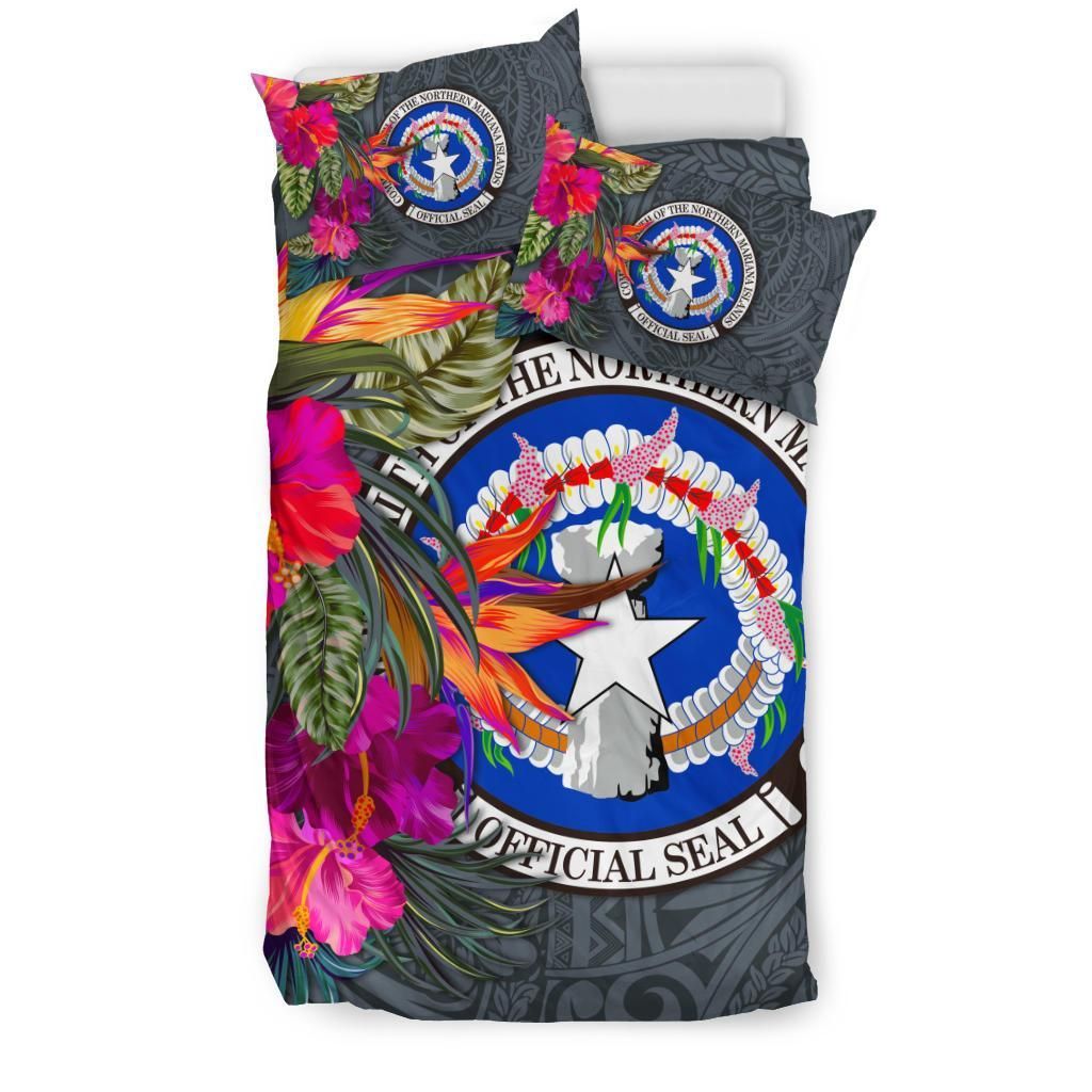 Northern Mariana Islands Bedding Set - Saipan Hibiscus Polynesian Pattern Gray Version