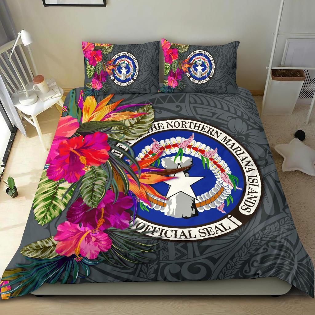 Northern Mariana Islands Bedding Set - Saipan Hibiscus Polynesian Pattern Gray Version