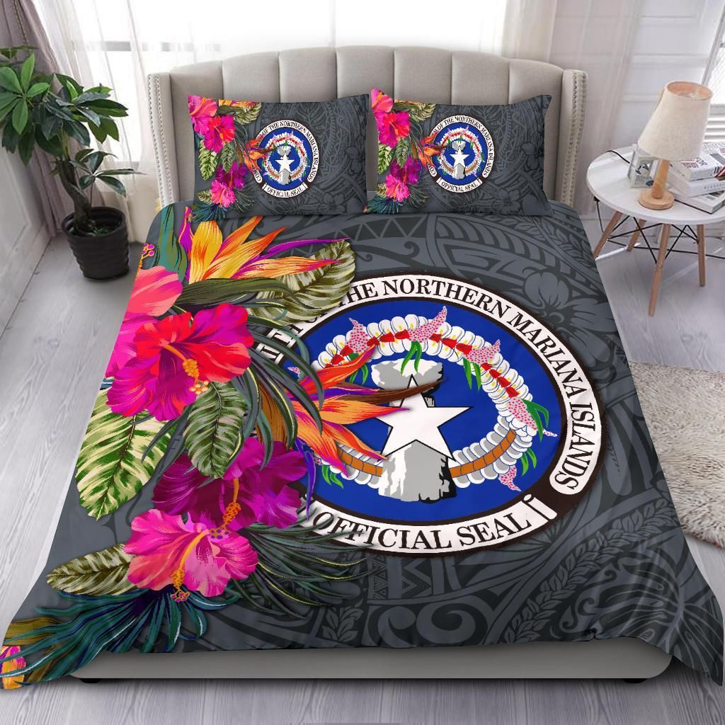 Northern Mariana Islands Bedding Set - Saipan Hibiscus Polynesian Pattern Gray Version
