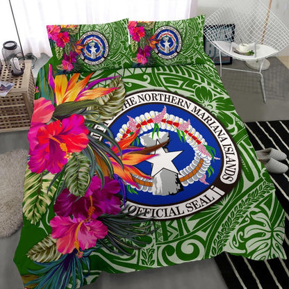 Northern Mariana Islands Bedding Set - Saipan Hibiscus Polynesian Pattern Green Version