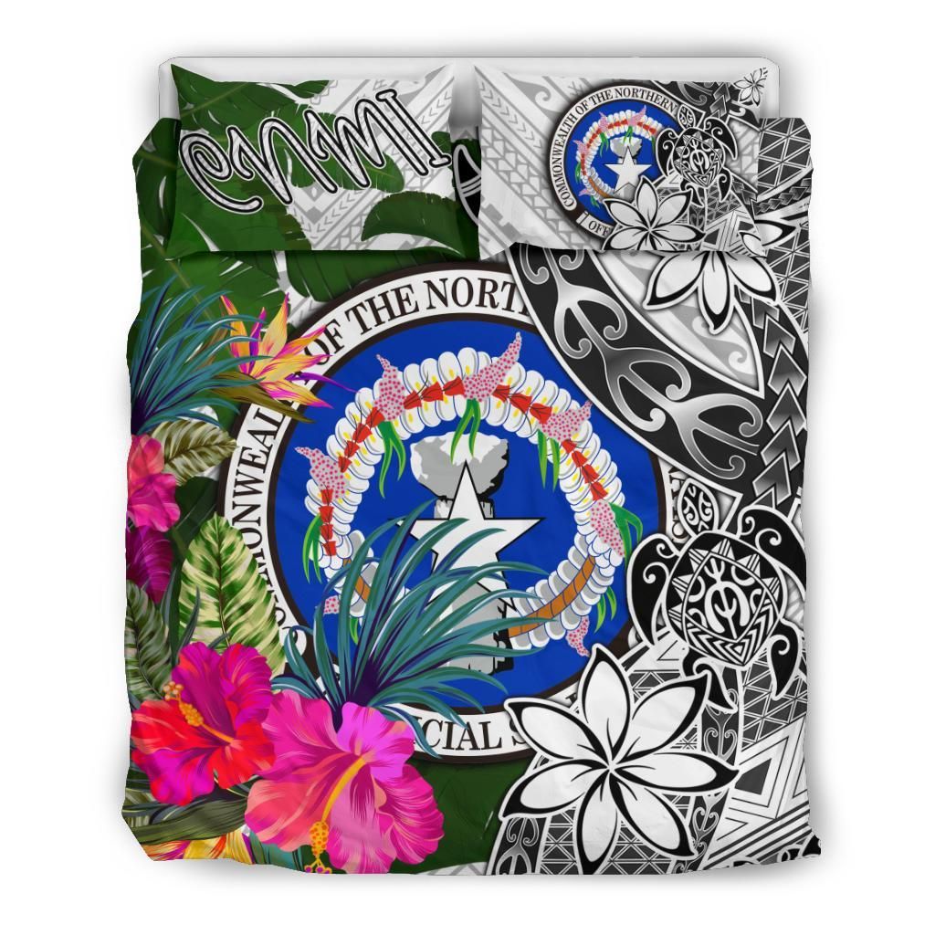 Northern Mariana Islands Bedding Set White - Turtle Plumeria Banana Leaf