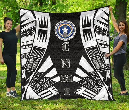 Northern Mariana Islands Premium Quilt - Northern Mariana Islands Seal Polynesian White Tattoo (Black)