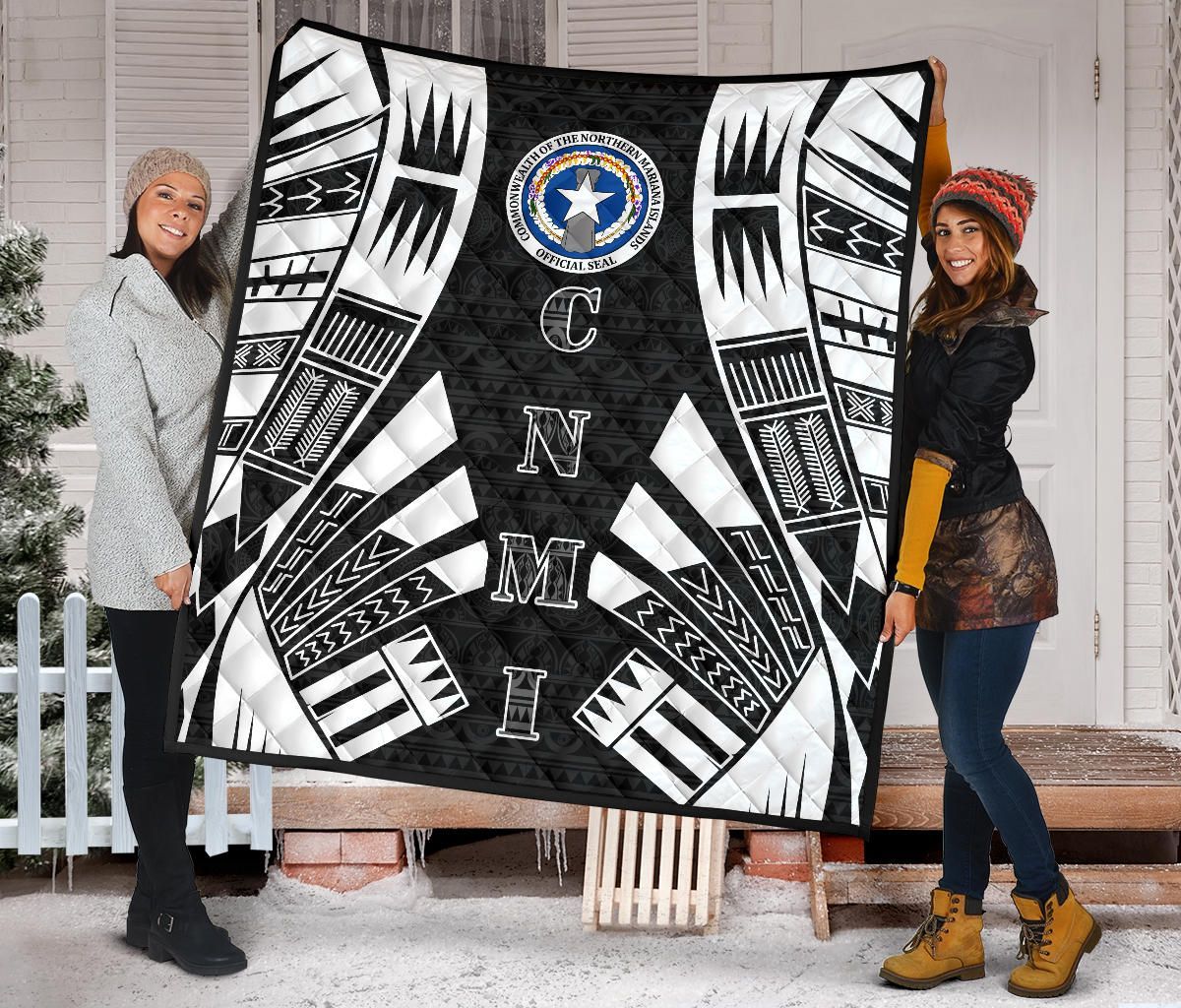 Northern Mariana Islands Premium Quilt - Northern Mariana Islands Seal Polynesian White Tattoo (Black)
