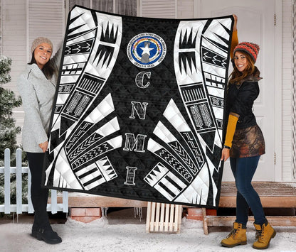 Northern Mariana Islands Premium Quilt - Northern Mariana Islands Seal Polynesian White Tattoo (Black)
