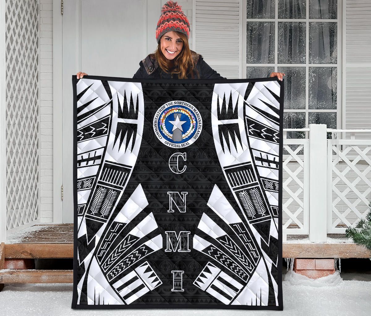 Northern Mariana Islands Premium Quilt - Northern Mariana Islands Seal Polynesian White Tattoo (Black)