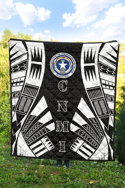 Northern Mariana Islands Premium Quilt - Northern Mariana Islands Seal Polynesian White Tattoo (Black)