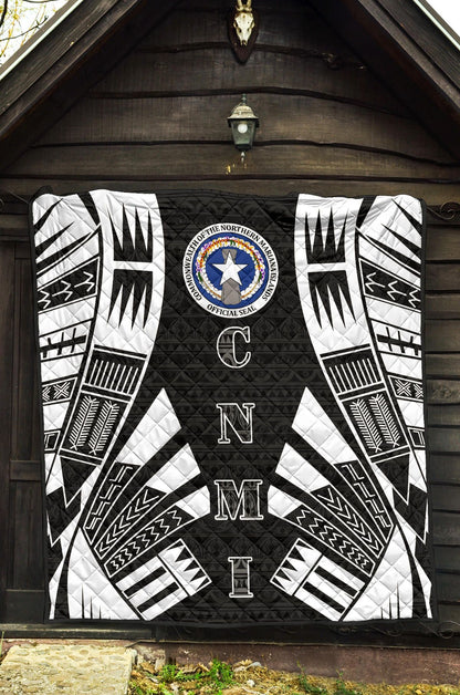 Northern Mariana Islands Premium Quilt - Northern Mariana Islands Seal Polynesian White Tattoo (Black)