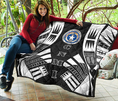 Northern Mariana Islands Premium Quilt - Northern Mariana Islands Seal Polynesian White Tattoo (Black)