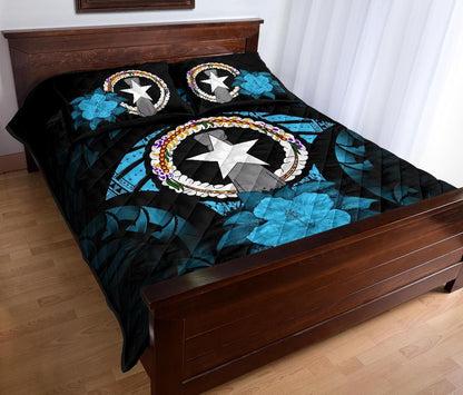 Northern Mariana Islands Polynesian Quilt Bed Set Hibiscus Blue