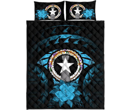 Northern Mariana Islands Polynesian Quilt Bed Set Hibiscus Blue