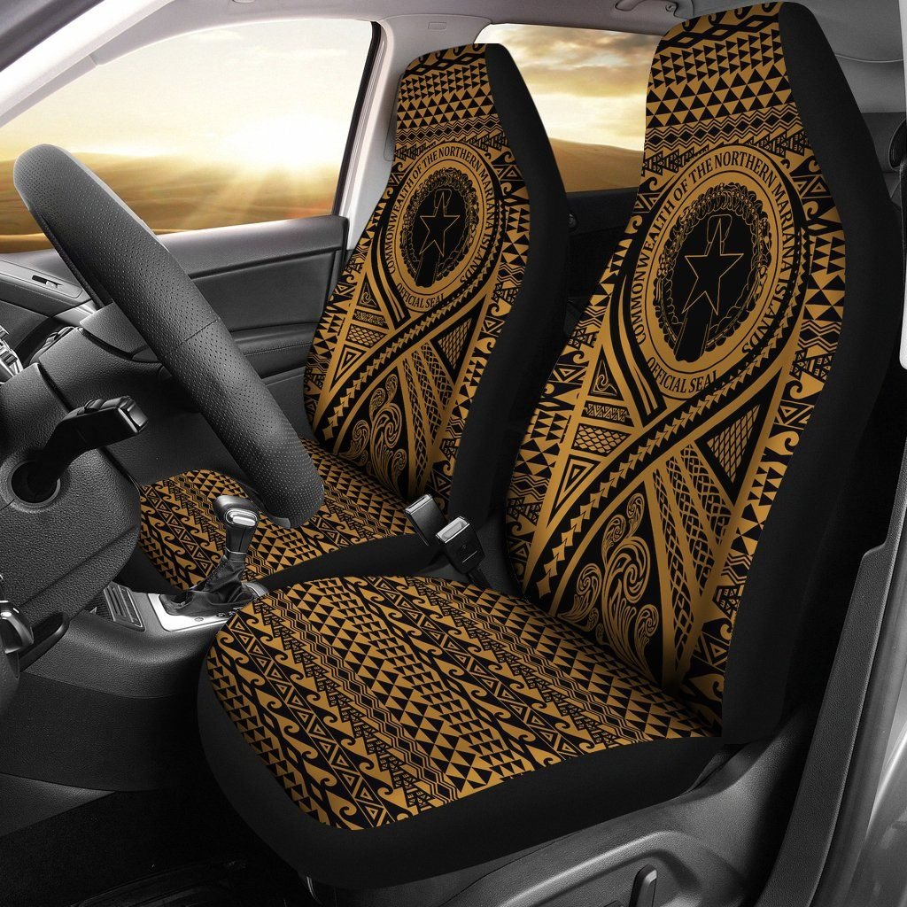 Northern Mariana Islands Car Seat Cover - Northern Mariana Islands Seal Polynesian Tattoo Gold