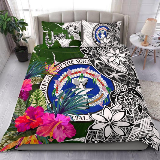 Northern Mariana Islands Custom Personalised Bedding Set White - Turtle Plumeria Banana Leaf