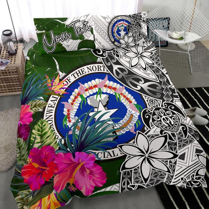 Northern Mariana Islands Custom Personalised Bedding Set White - Turtle Plumeria Banana Leaf