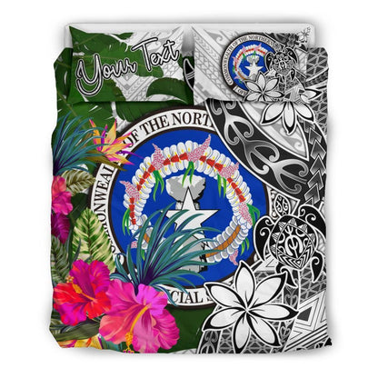 Northern Mariana Islands Custom Personalised Bedding Set White - Turtle Plumeria Banana Leaf