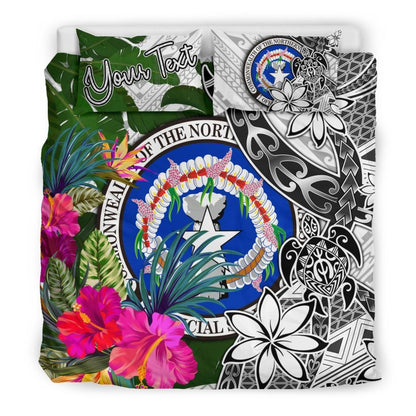 Northern Mariana Islands Custom Personalised Bedding Set White - Turtle Plumeria Banana Leaf