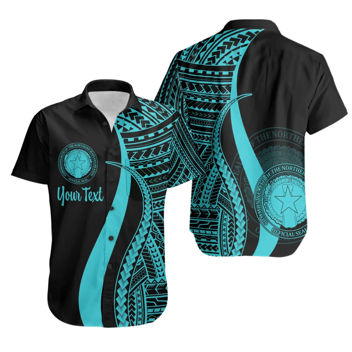 Northern Mariana Islands Custom Personalised Short Sleeve Shirt - Turquoise Polynesian Tentacle Tribal Pattern