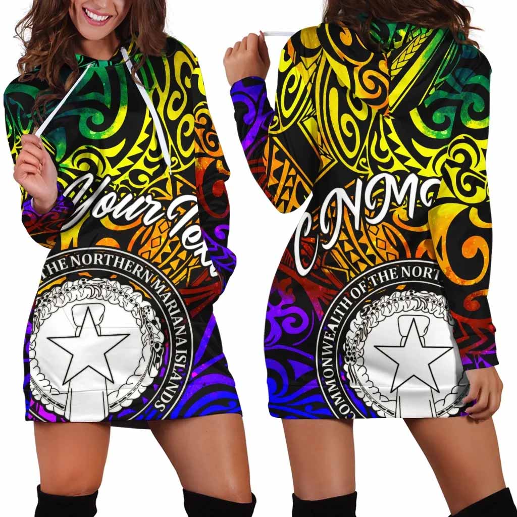 Northern Mariana Islands Custom Personalised Hoodie Dress - Rainbow Polynesian Pattern
