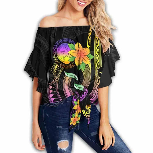 Northern Mariana Islands Custom Personalised Off Shoulder Wrap Waist Top - Plumeria Flowers With Spiral Patterns