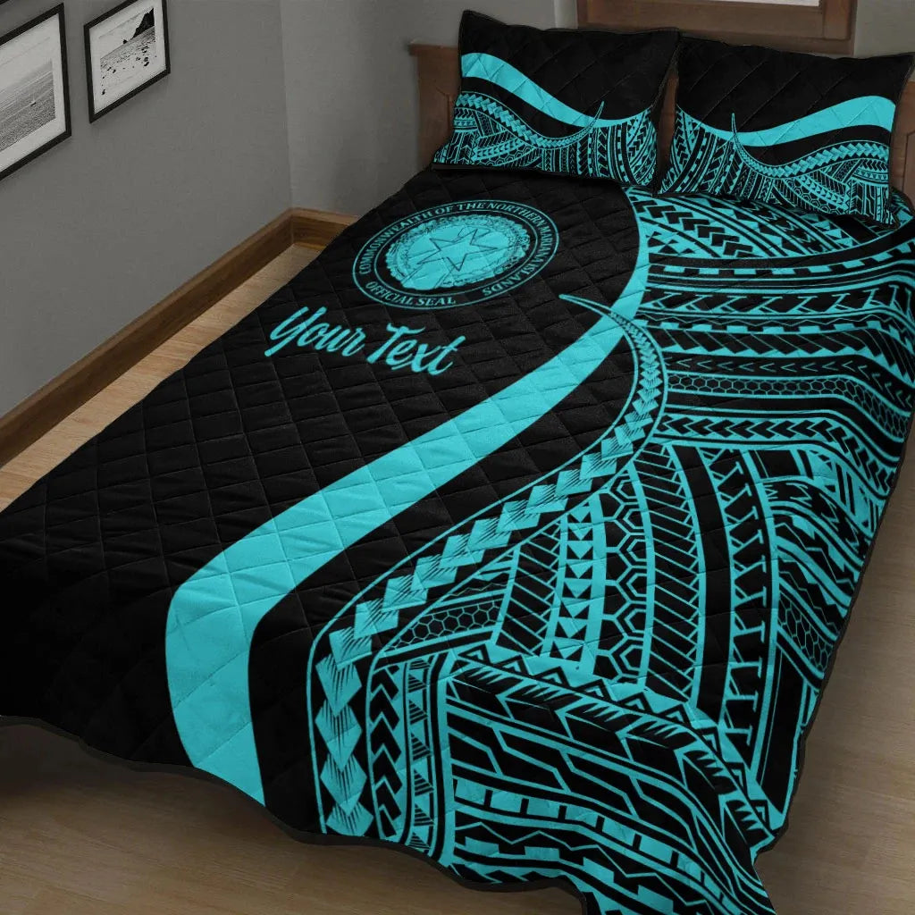 Northern Mariana Islands Custom Personalised Quilt Bed Set - Turquoise Polynesian Tentacle Tribal Pattern
