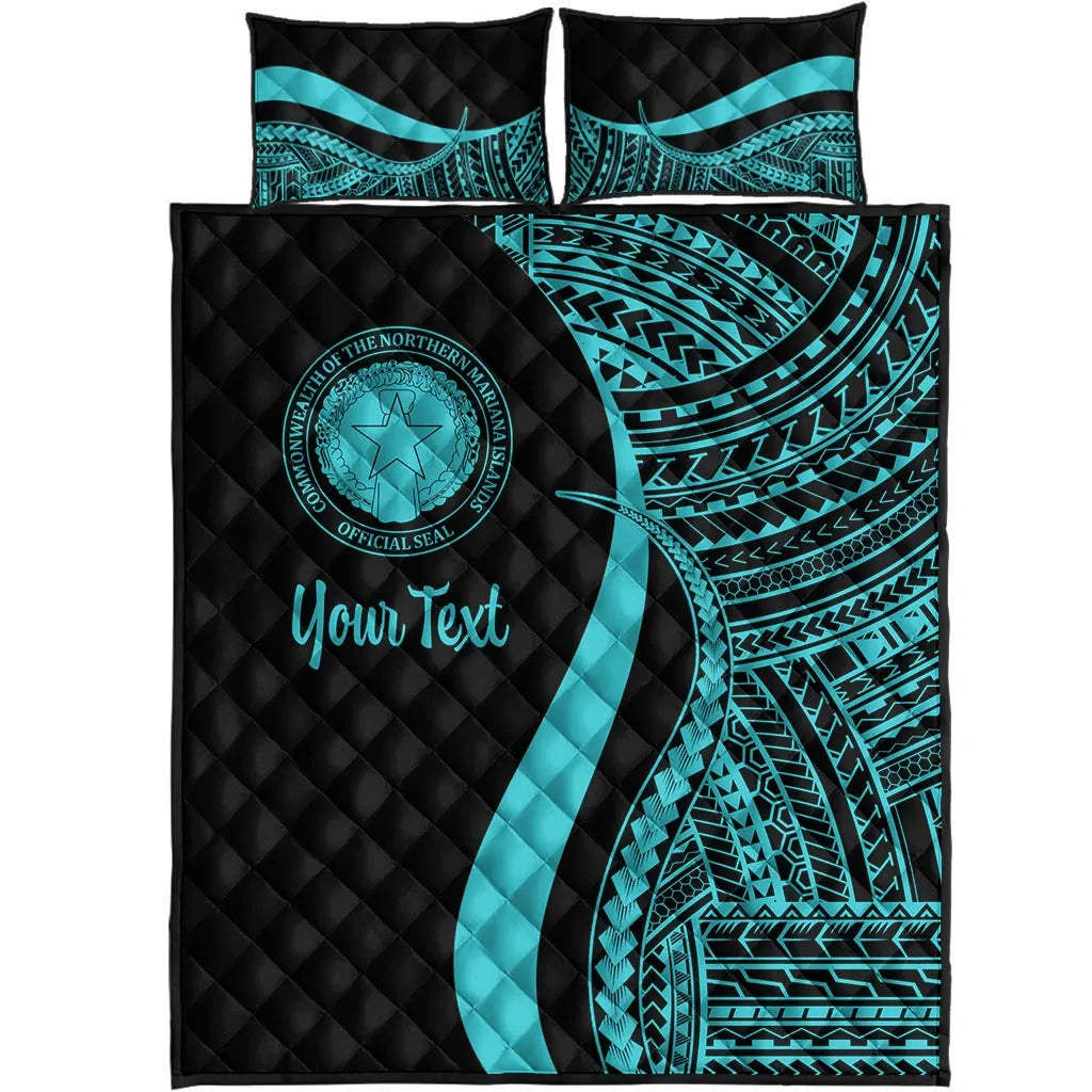 Northern Mariana Islands Custom Personalised Quilt Bed Set - Turquoise Polynesian Tentacle Tribal Pattern