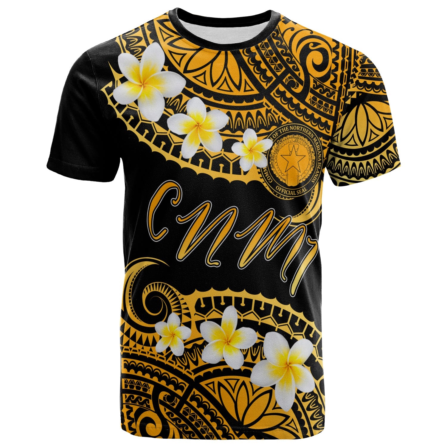 Northern Mariana Islands Custom Personalised T-Shirt - Plumeria Polynesian Vibe Gold