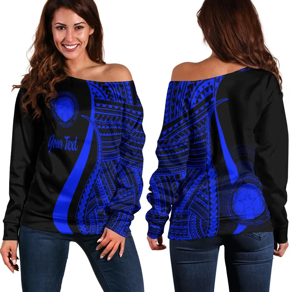 Northern Mariana Islands Custom Personalised Women Off Shoulder Sweater - Blue Polynesian Tentacle Tribal Pattern