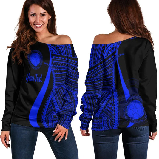 Northern Mariana Islands Custom Personalised Women Off Shoulder Sweater - Blue Polynesian Tentacle Tribal Pattern