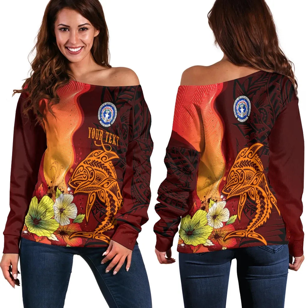 Northern Mariana Islands Custom Personalised Women Off Shoulder Sweater - Tribal Tuna Fish