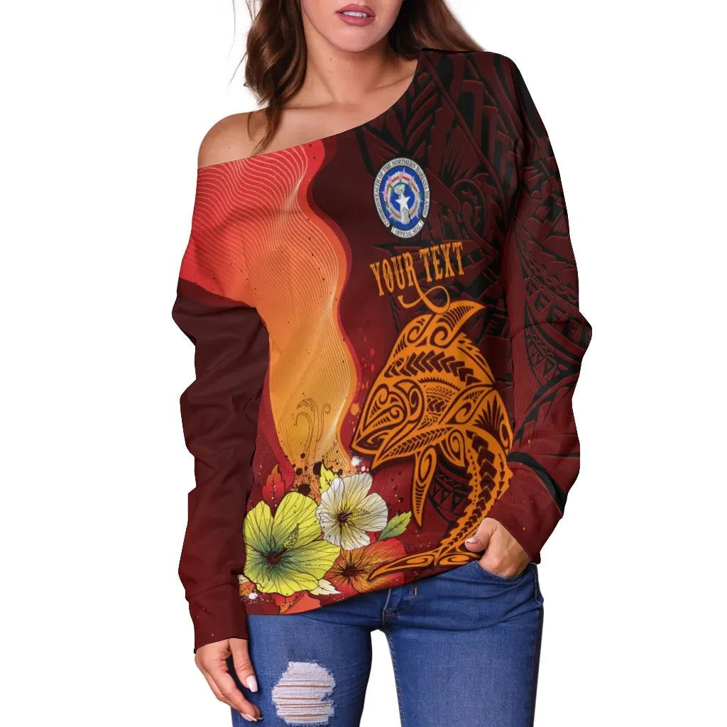 Northern Mariana Islands Custom Personalised Women Off Shoulder Sweater - Tribal Tuna Fish