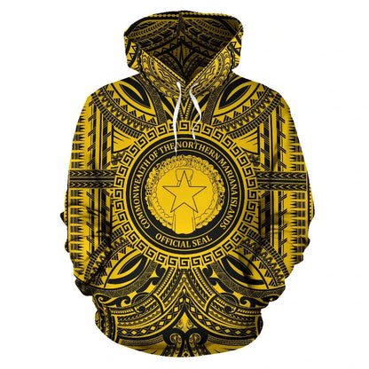 Northern Mariana Islands ll Over Hoodie - Northern Mariana Islands Coat Of rms Polynesian Gold Black